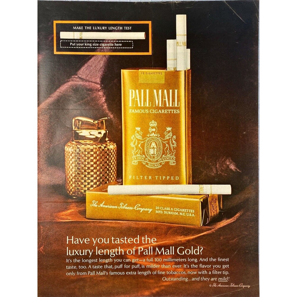 Pall Mall Gold Cigarettes "Taste the Luxury Length of Pall Mall Gold?Vtg Ad 1967